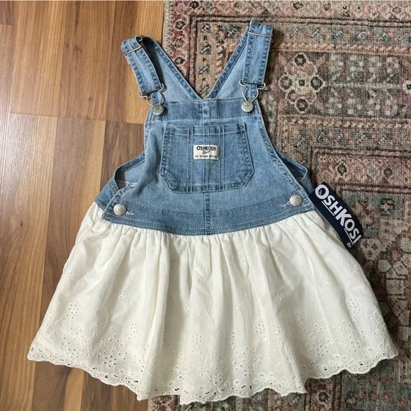 Oshkosh B’Gosh Girls Overall Jean White Cotton Eyelet Dress NWT Size 3T - Picture 1 of 8